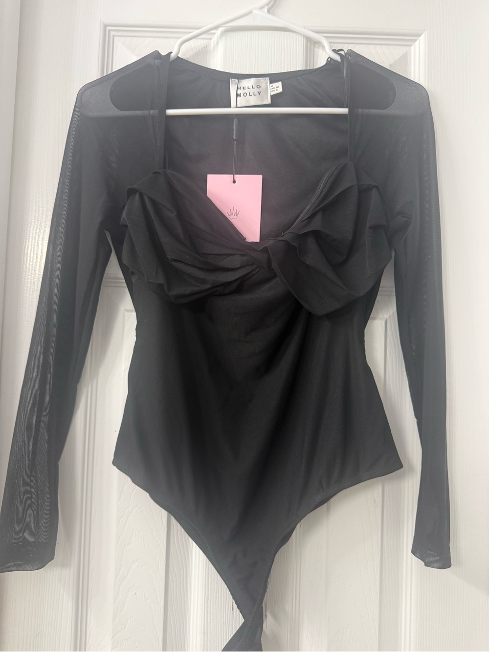 Hello Molly Black Long-Sleeve Mesh Bodysuit with Ruched Bust